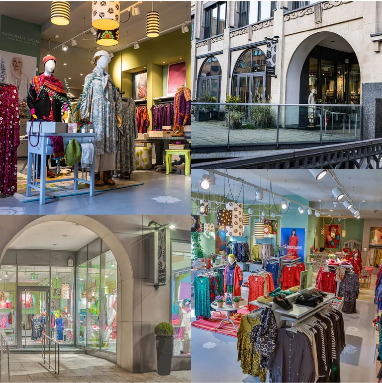 A collage of pictures from Gudrun Sjödén’s store on Götgatan in Stockholm.