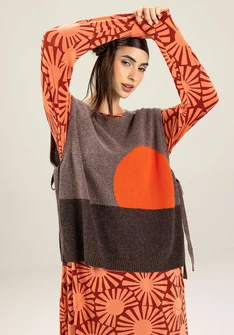 Stickad mönstrad väst "Asahi" i återvunnen ullmix/ekologisk bomull - potatis