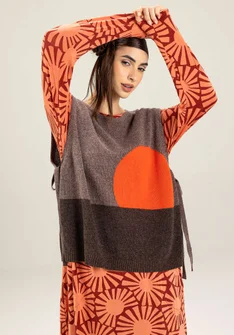 Stickad mönstrad väst  "Asahi" i återvunnen ullmix/ekologisk bomull - potatis