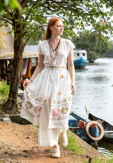 Mönstrad klänning "Cross" i ekologisk bomull - halvblekt