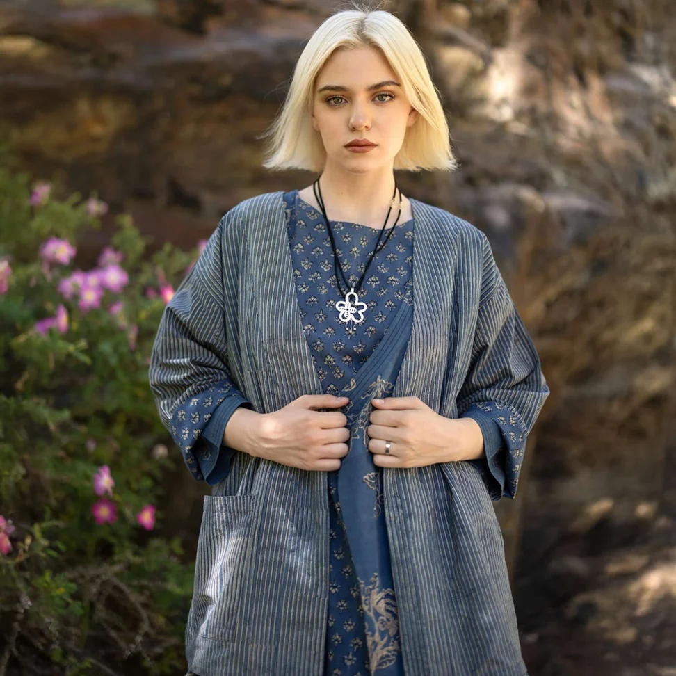 Vävd kimono ”Willow” i ekologisk bomull - indigo