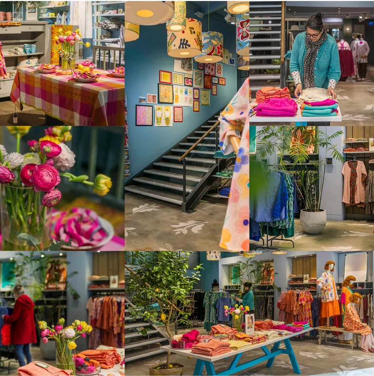 A collage of pictures from Gudrun Sjödén’s store on Regeringsgatan in Stockholm.