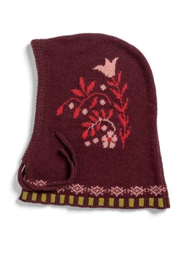 Stickad balaklava "Tulipan" i lammullsmix/ekologisk bomull - aubergine