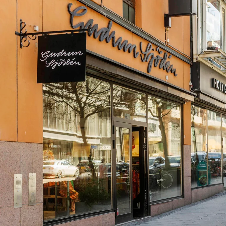 Outside Gudrun Sjödén’s store on Regeringsgatan in Stockholm.