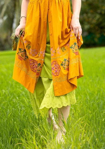 Mönstrad klänning "Cross" i ekologisk bomull - senap