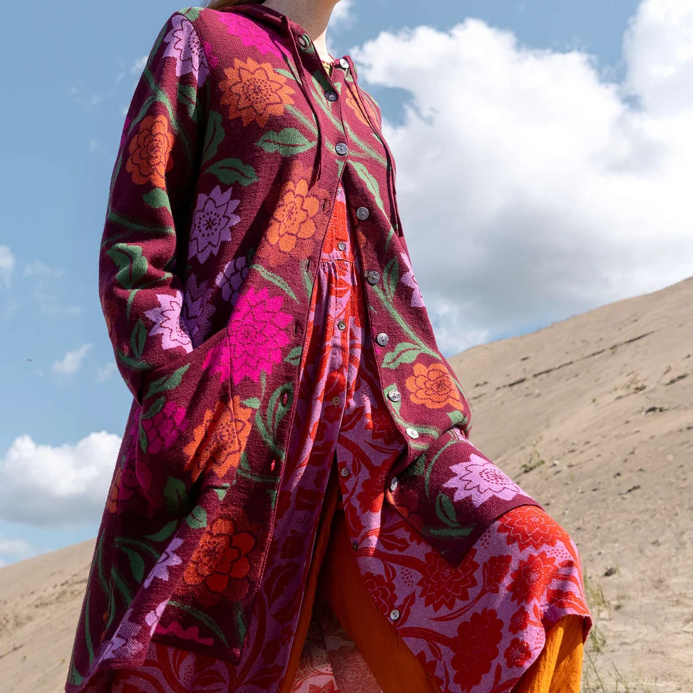 Långkofta "Pink Moon" i ull/ekologisk bomull - vindruva