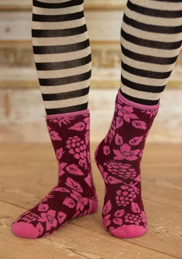 Blommiga sockor "Idun" - aubergine