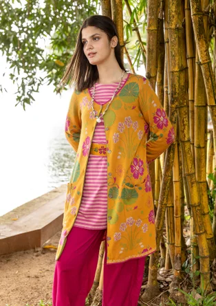 Randig trikåtunika i ekologisk bomull - rosa orkidé