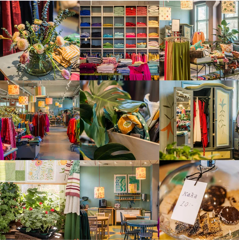A collage of pictures from Gudrun Sjödén’s outlet store in Stockholm.