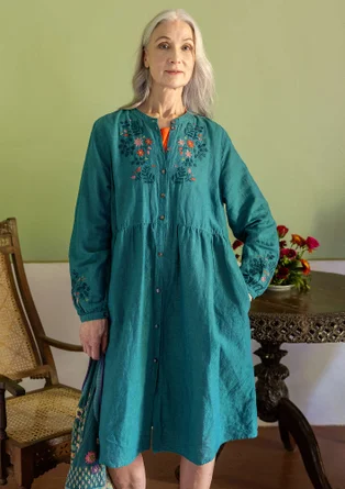 Vävd klänning "Marianne" i ekologisk bomull/lin - mörk petrol