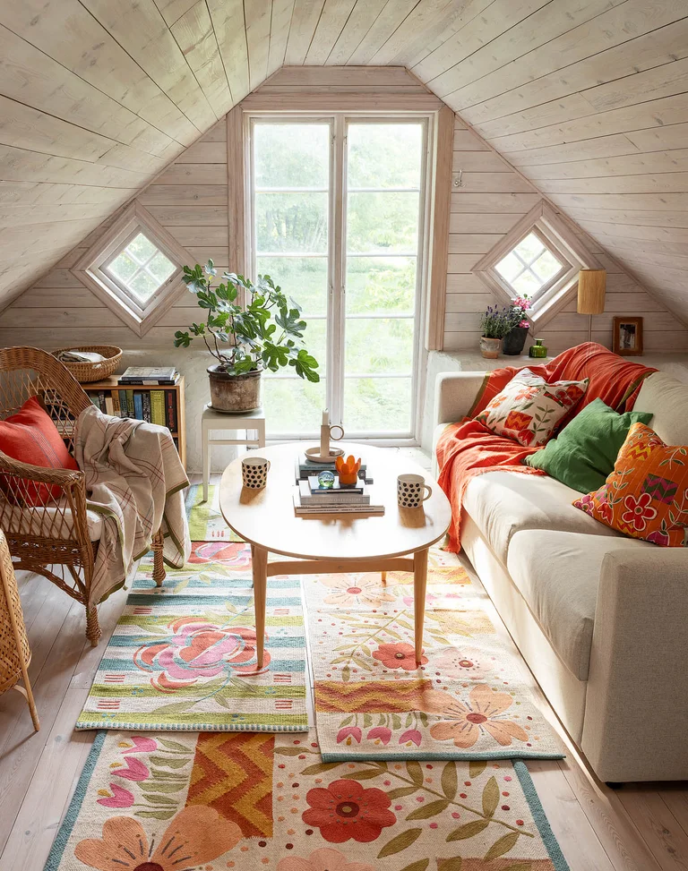 An attic room decorated with home textiles and floral rugs from Gudrun Sjödén.