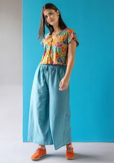 Vävd byxa "Paris" i ekologisk bomull/siden - turkos