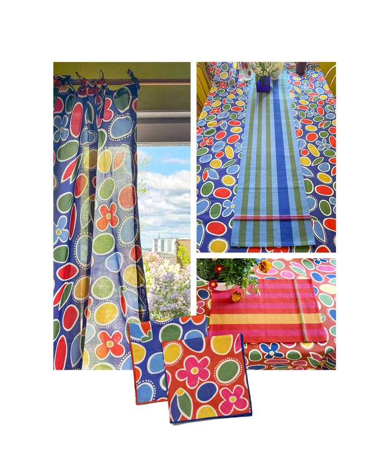 Collage with colorful and patterned home textiles from Gudrun Sjödén photographed in Gudrun’s apartment.