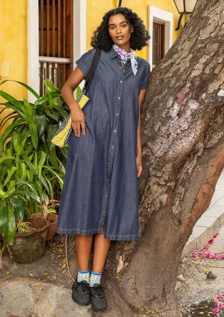 Vävd klänning "Ines" i ekologisk bomull - mörk indigo
