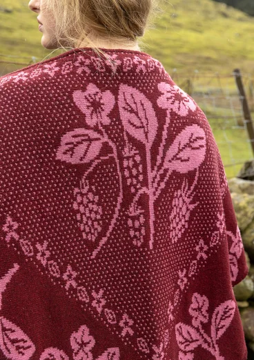 Stickad blommig sjal "Hildur" i ull - granatäpple/melange