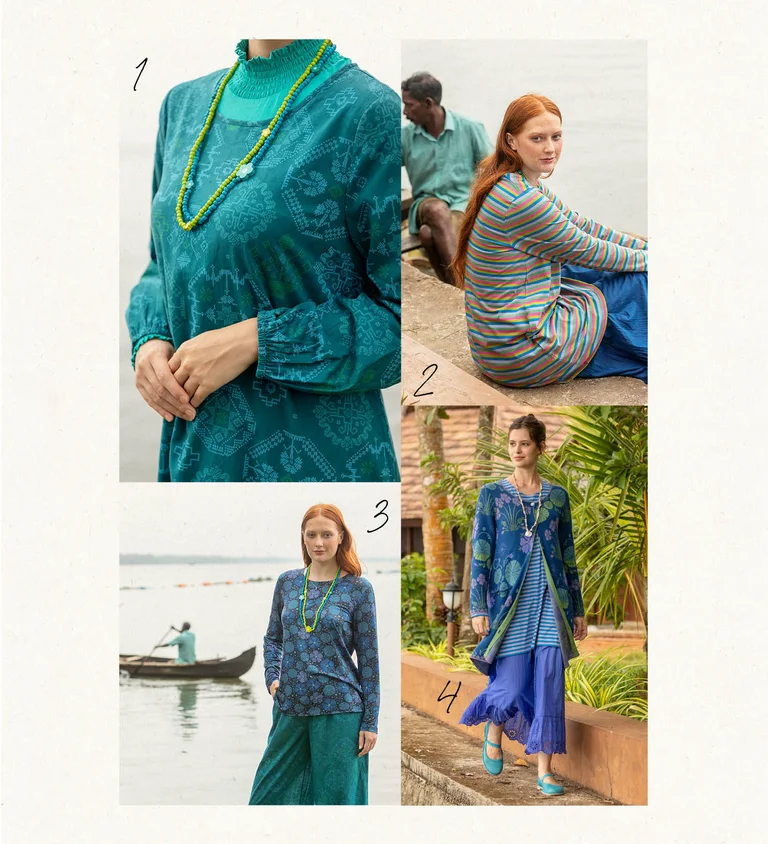 A collage of a woman wearing layers of clothing from Gudrun Sjödén, and yarn. 