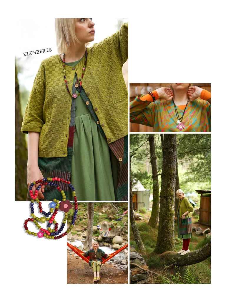 A collage of a woman wearing green clothing and a necklace from Gudrun Sjödén.