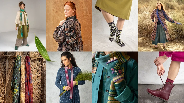 A collage of women wearing colourful clothes and accessories from Gudrun Sjödén.  