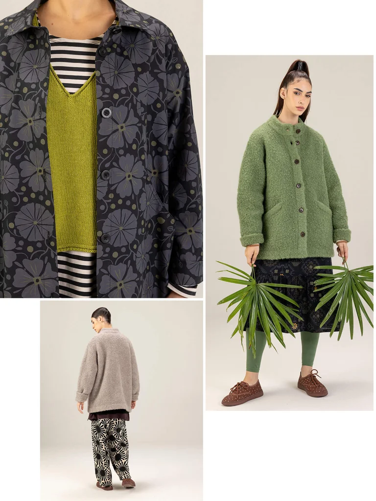 A collage of three different pictures showing women wearing clothing from Gudrun Sjödén’s spring extra collection.