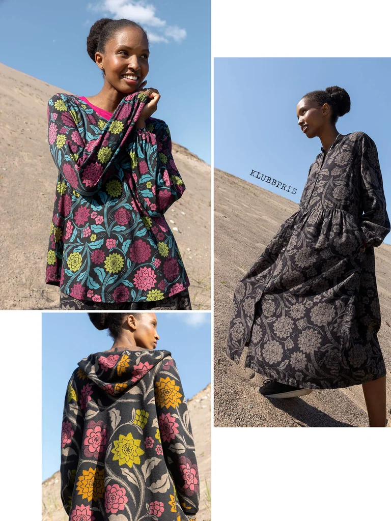 A collage of women wearing patterned clothing from Gudrun Sjödén.