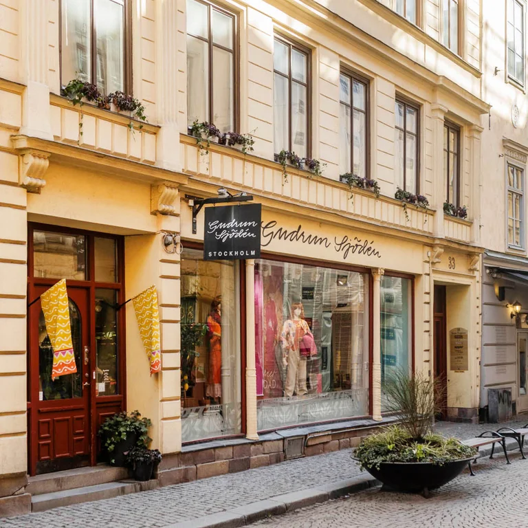 Outside Gudrun Sjödén’s store on Stora Nygatan in Stockholm.