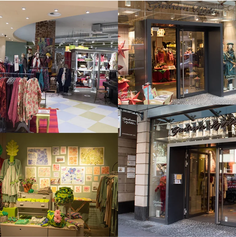A collage of pictures from Gudrun Sjödén’s store in Frankfurt.