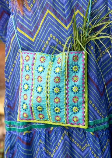 Färgglad broderad väska "Sunita" i ekologisk bomull - aquagrön