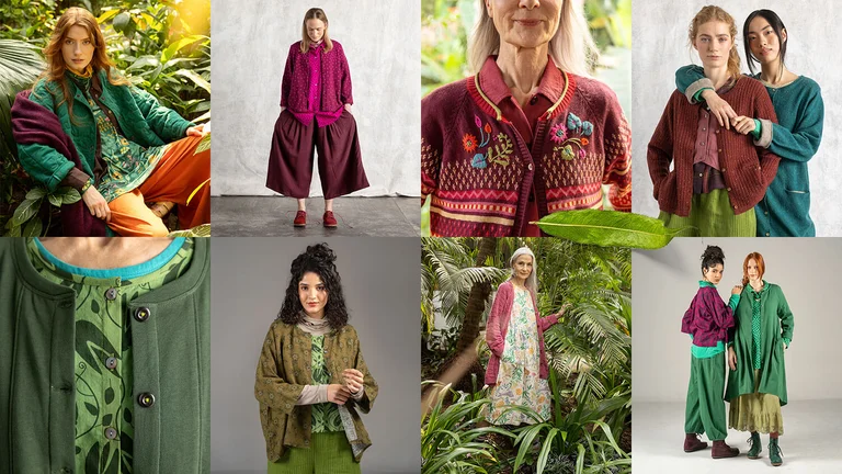 A collage of women wearing layers of clothing from Gudrun Sjödén.  