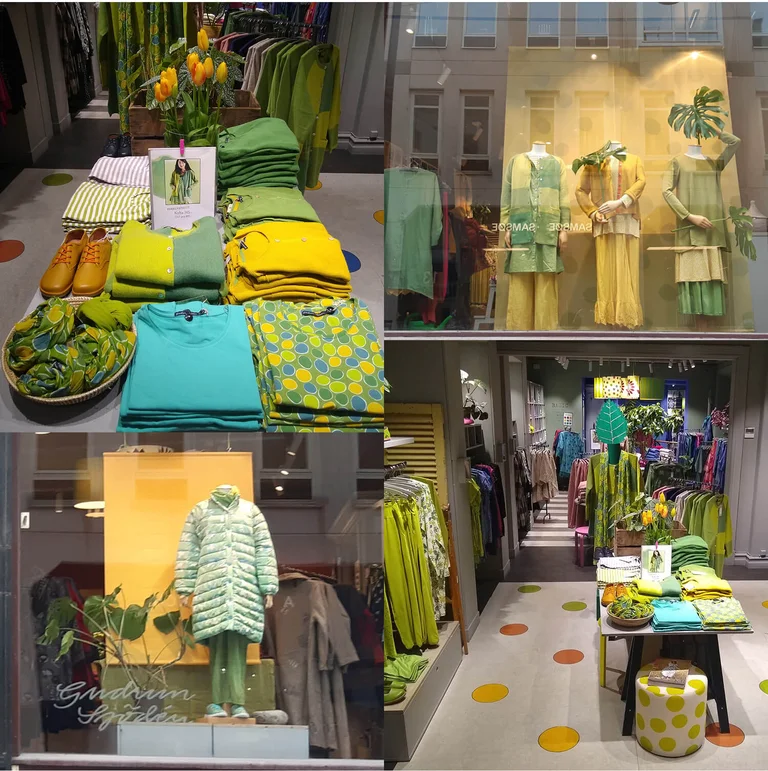 A collage of pictures from Gudrun Sjödén’s store in Gothenburg. 