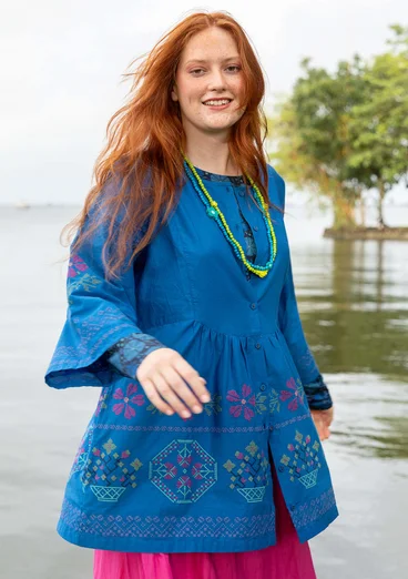 Blommig tunika "Girlang" i ekologisk bomull - klarblå