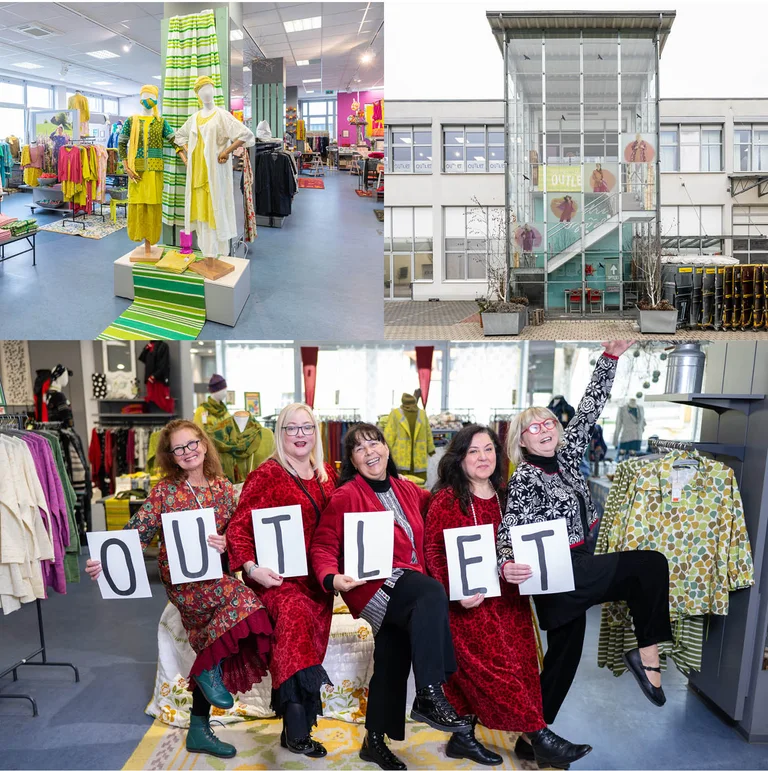 A collage of pictures from Gudrun Sjödén’s outlet store in Zirndorf.