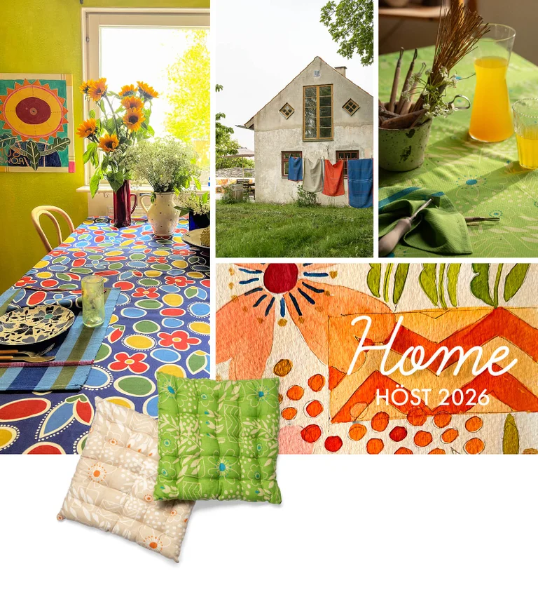 A collage of soft furnishings from Gudrun Sjödén’s Autumn 2026 Home collection: a kitchen with a patterned tablecloth, a loft with a wicker armchair, a pea green tablecloth in a pottery studio, a floral bedspread, a table set with linen textiles, and a lime-rendered house and a line of washing on Gotland. Two “Garden” chair pads, one pea green and one sandstone, are superimposed on the collage. 