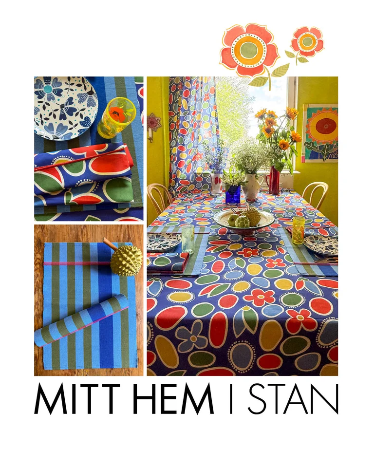 A collage with colorful and patterned home textiles in a kitchen. The collage is decorated with images of watercolor flowers. 
