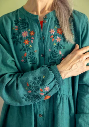 Vävd klänning "Marianne" i ekologisk bomull/lin - mörk petrol