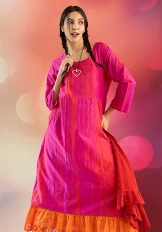 Vävd klänning "Melody" i ekologisk bomull/siden - rosa begonia