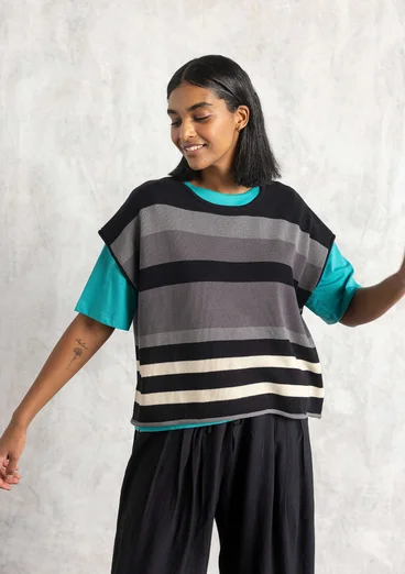 Stickad väst "Rut" i ekologisk/återvunnen bomull - askgrå/rand