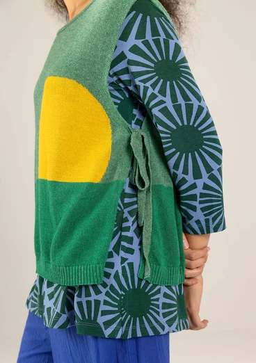Stickad mönstrad väst "Asahi" i återvunnen ullmix/ekologisk bomull - mörk smaragd