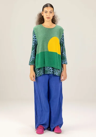 Stickad mönstrad väst "Asahi" i återvunnen ullmix/ekologisk bomull - mörk smaragd