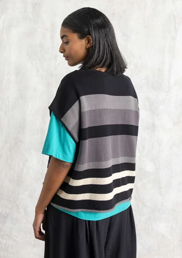 Stickad väst "Rut" i ekologisk/återvunnen bomull - askgrå/rand