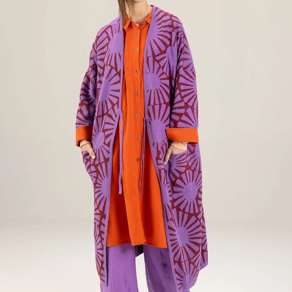 Mönstrad lång kofta "Midori" i ekologisk bomull - lila kosmos