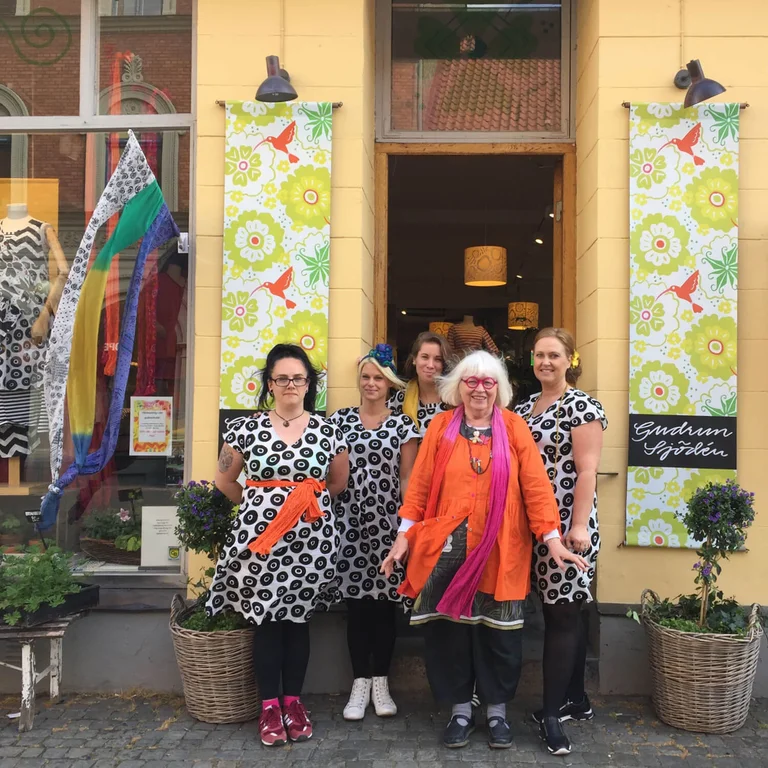 Women wearing colourful clothes from Gudrun Sjödén’s store in Malmö. 