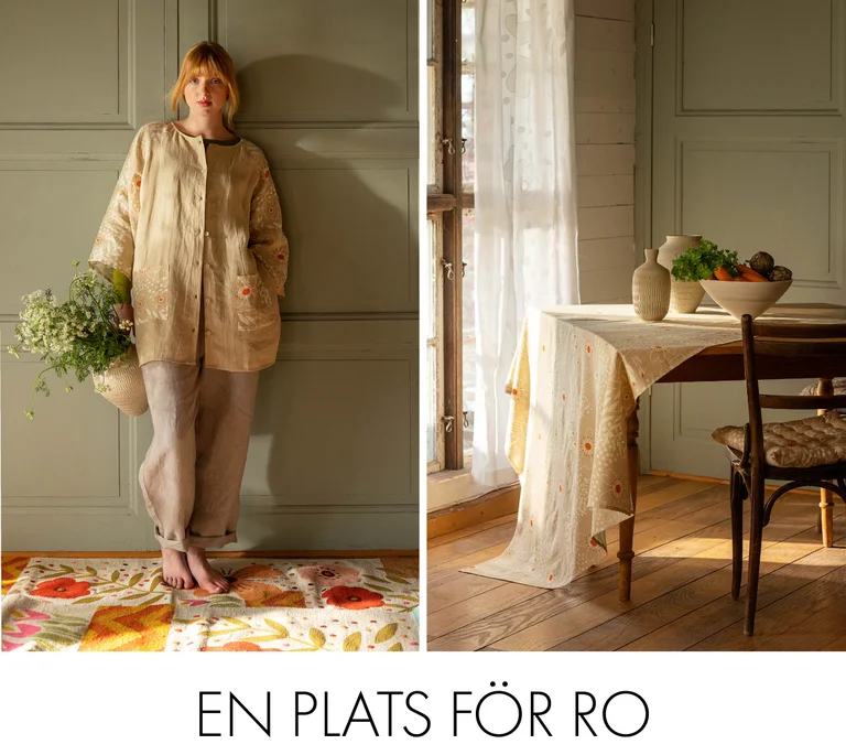 A woman in the “Nemorosa” linen tunic from Gudrun Sjödén on a floral rug from Gudrun Sjödén.