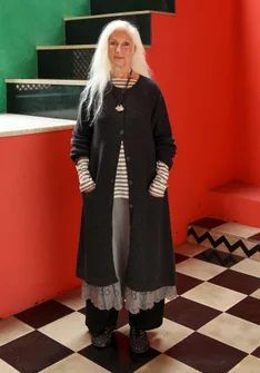 Långkofta "Misty" i återvunnen ullmix/återvunnen bomull - mörk askgrå/melange