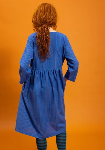 Vävd klänning "Sofia" i ekologisk bomull - linblå/chili