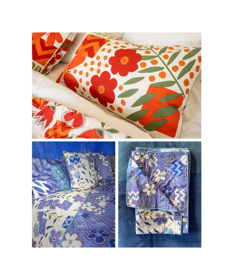 A collage with a cushion cover and bedspread from Gudrun Sjödén in orange and in blue and purple.