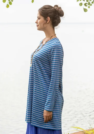 Randig trikåtunika i ekologisk bomull - klarblå