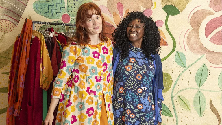 A video with women wearing patterned clothing from Gudrun Sjödén.