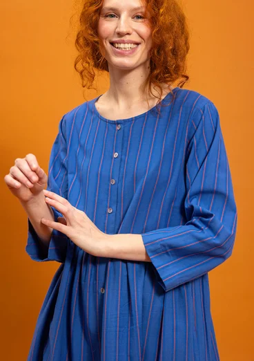 Vävd klänning "Sofia" i ekologisk bomull - linblå/chili