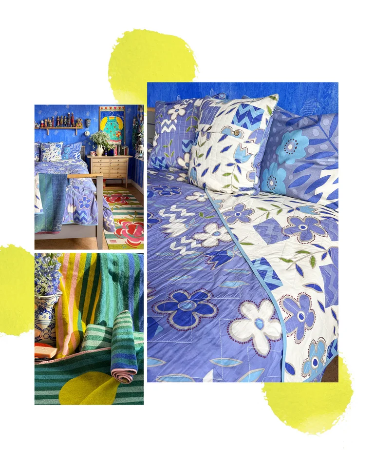 Collage of pictures from a bedroom with blue walls and a bed made with a blue and purple quilted bedspread from Gudrun Sjödén. On the floor is a floral rug from Gudrun Sjödén. The collage also includes striped terry towels in shades of blue and green with hints of yellow from Gudrun Sjödén.