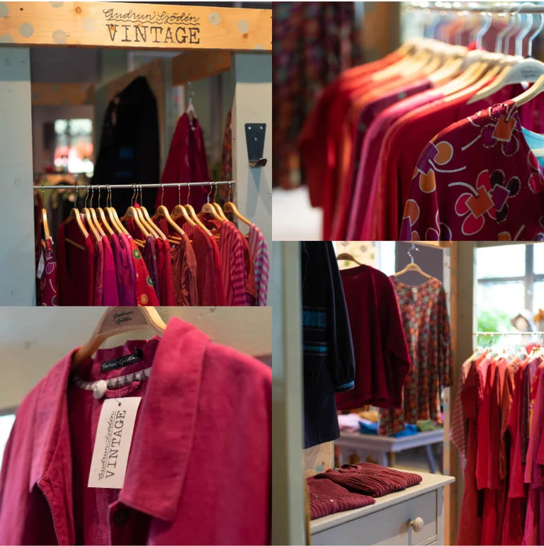 A collage of pictures from Gudrun Sjödén’s outlet store in Stockholm.